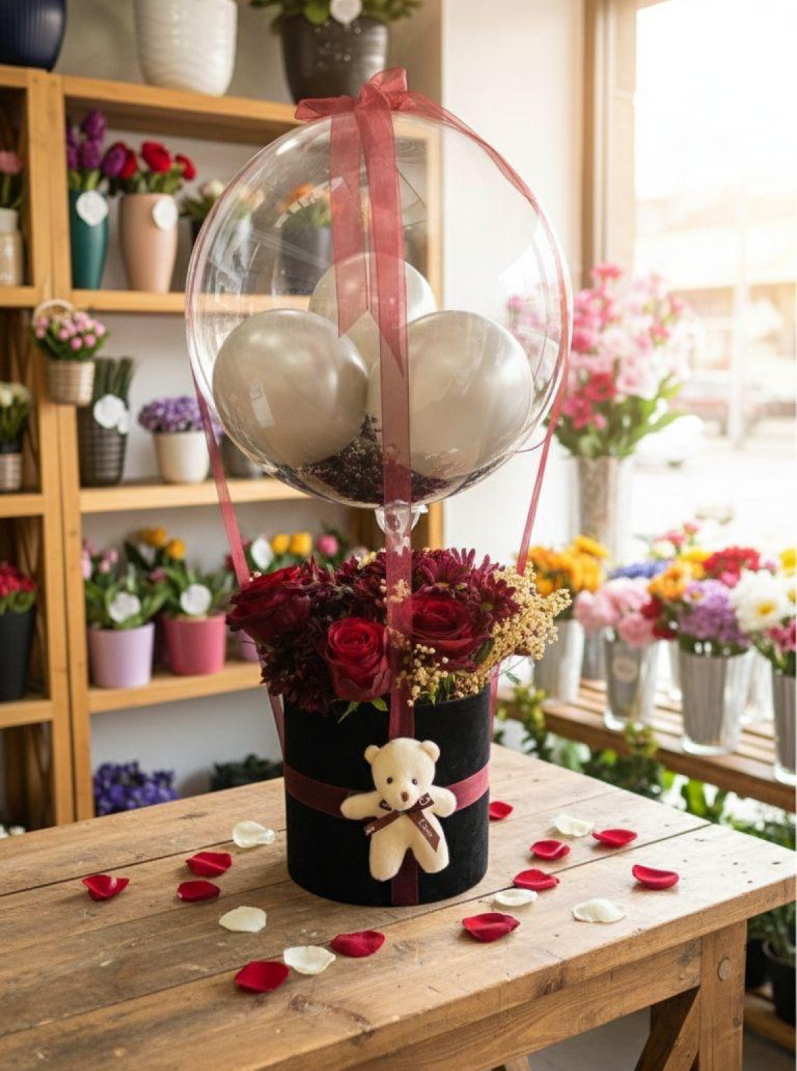 Balonlu Canlı Gül Kutusu