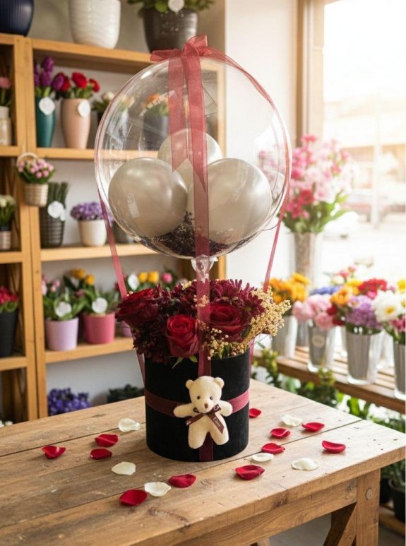 Balonlu Canlı Gül Kutusu